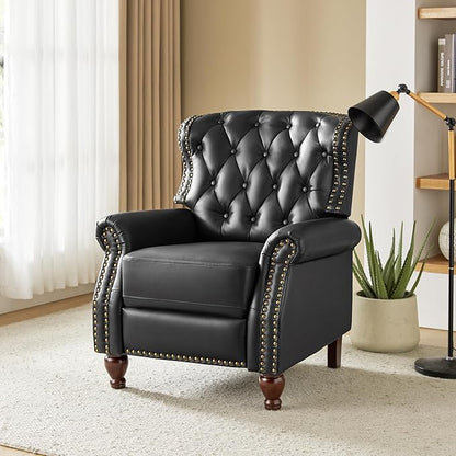 HULALA HOME Genuine Leather Recliner Chair Set of 2 w/Solid Wood Feet, Modern Adjustable Tufted Push Back Arm Chair w/Rivet Decoration, Home Theater Seating Reclining Sofa for Living Room, Black