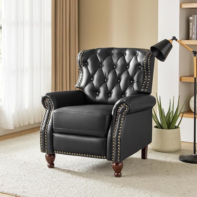 HULALA HOME Genuine Leather Recliner Chair with Solid Wood Feet, Modern Adjustable Tufted Push Back Arm Chair w/Rivet Decoration, Home Theater Seating Single Reclining Sofa for Living Room, Black