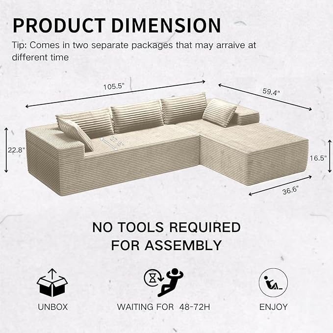 105" Modular Sectional Sofa L-Shape Chaise, Modular Cloud Couch Sofa with Deep Seat, Upholstered Couches for Living Room Bedroom No Assembly Required (Beige)