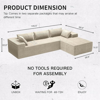 105" Modular Sectional Sofa L-Shape Chaise, Modular Cloud Couch Sofa with Deep Seat, Upholstered Couches for Living Room Bedroom No Assembly Required (Beige)