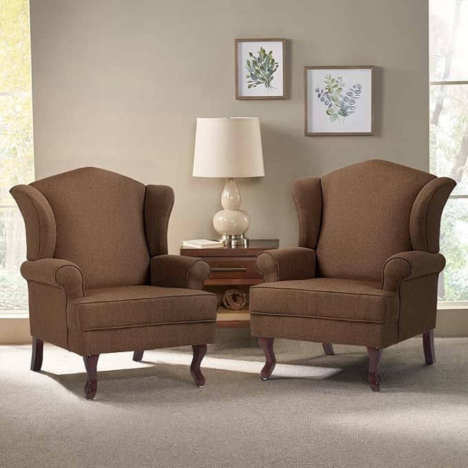 Pia Ricco High Back Floral Accent Chair, Upholstered Fabric Armchair with Solid Wood Legs - Retro Living Room Reading Chair, Comfortable Single Sofa Seat-Coffee