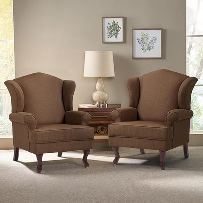 Pia Ricco High Back Floral Accent Chair, Upholstered Fabric Armchair with Solid Wood Legs - Retro Living Room Reading Chair, Comfortable Single Sofa Seat-Coffee