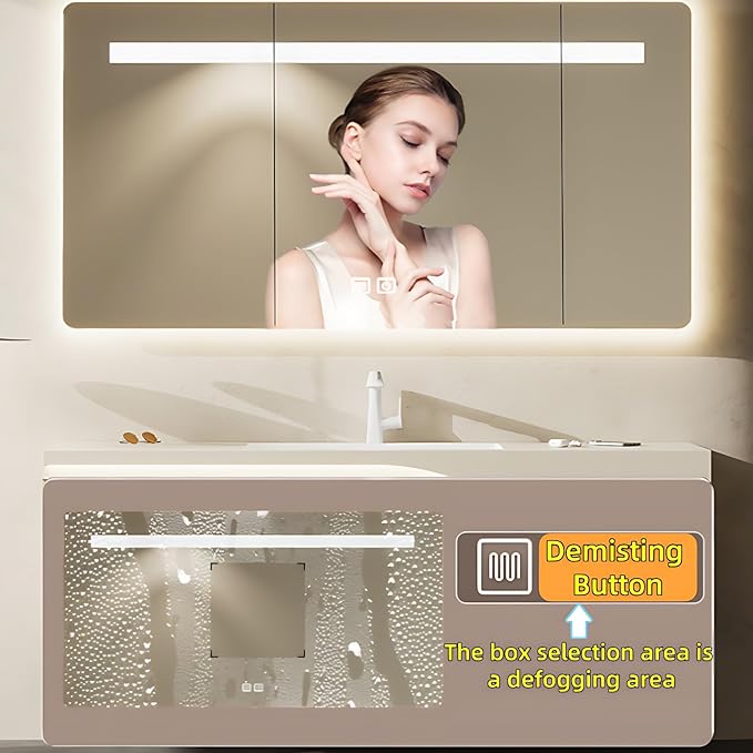48in Elegant Modern Luxury Bathroom Vanity with Sink - Wall Mounted Solid Wood Cabinet & Smart LED Defogging Mirror | Single Sink Bathroom Cabinets