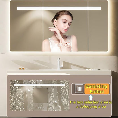 48in Elegant Modern Luxury Bathroom Vanity with Sink - Wall Mounted Solid Wood Cabinet & Smart LED Defogging Mirror | Single Sink Bathroom Cabinets