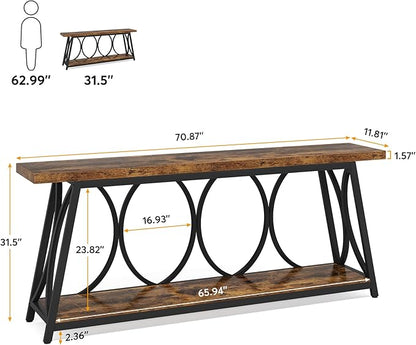 Tribesigns 70.9 inch Extra Long Console Table, Industrial Sofa Table Behind Couch with 2 Tier Storage Shelf, Narrow Entryway Hallway Accent Table for Living Room, Rustic Brown