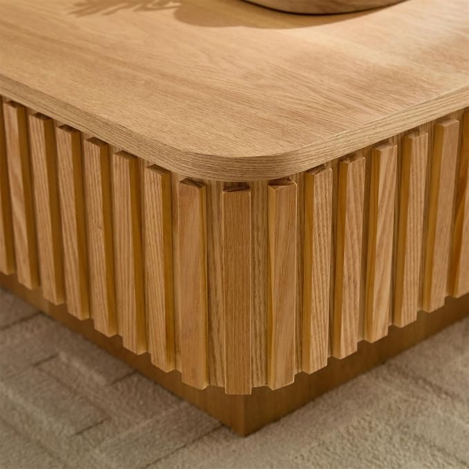Square Lift-top Coffee Table for Living Room, Fluted Coffee Tables with Hidden Storage, Solid Wood Veneered Modern Tea Center Table for Small Space Apartment (Natural-35.43''D×14.57''H)