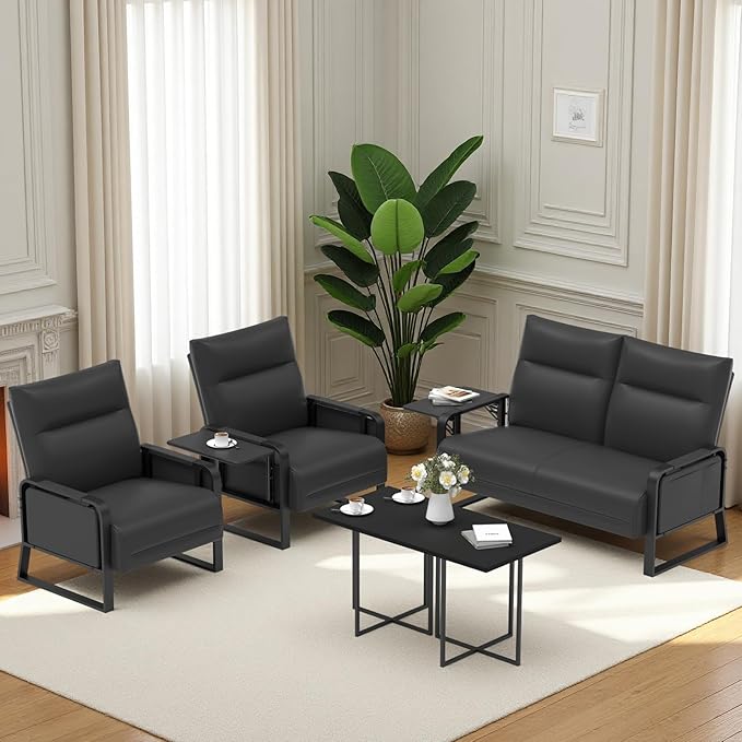 Faux Leather Sectional Couches for Living Room 3 Piece Loveseat and Chair Set with Flip Up Tray Tables Side Pockets Modern Modular Sectional Sofa for Office (2-Seat+1-Seat+1-Seat, Black)