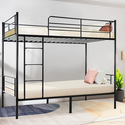 Bunk Bed Twin Over Twin,Bunk Beds for Kids Teens Adults with Ladders and Guardrail,Sturdy Literas Heavy Duty Metal Slats,400 lbs Capacity,No Spring Box Required,Black