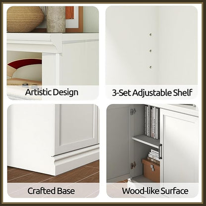 70 Inch Tall Bookcase with Doors, Library Office Bookshelf with Adjustable Shelves, Floor Standing Storage Cabinet for Bedroom Living Room Organizer with Anti Tipping Kit, Soft White Finish