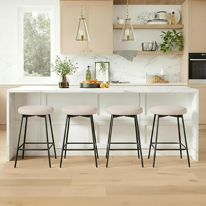 Swivel Bar Stools Set of 4, 24" Counter Height Bar Stool, Backless Barstools with Faux Leather Upholstered Seat&Sturdy Wood Legs for Kitchen Island, Beige