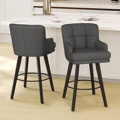 360°Swivel Counter Height Bar Stools with Back, 30 inch Solid Wood Legs, Bar Stool Modern Kitchen Island Chairs, Fabric (Black Grey- Fabric, 30" H- Set of 2)