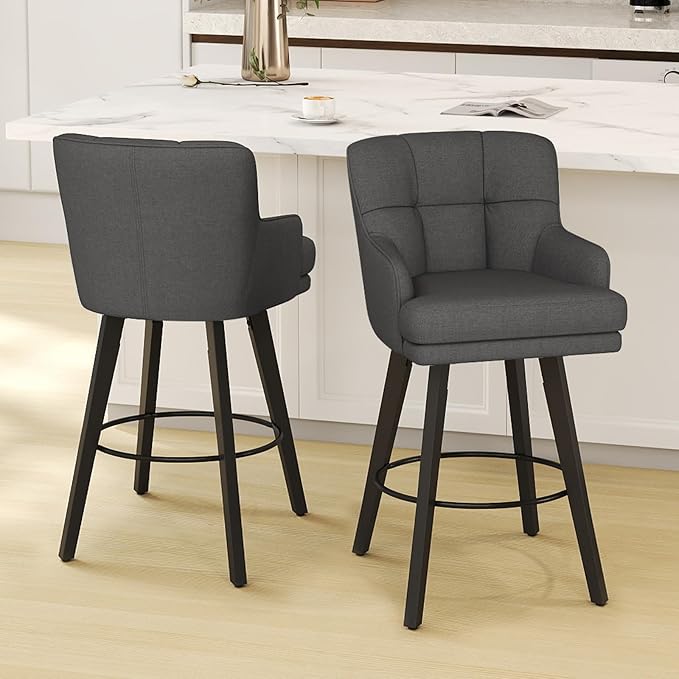 360°Swivel Counter Height Bar Stools with Back, 30 inch Solid Wood Legs, Bar Stool Modern Kitchen Island Chairs, Fabric (Black Grey- Fabric, 30" H- Set of 3)