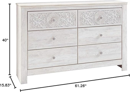 Signature Design by Ashley Paxberry Boho 6 Drawer Dresser, Smooth-gliding Faux Laminate Lined Drawers, Wood, 61.26" W x 15.83" D x 40" H, Whitewash