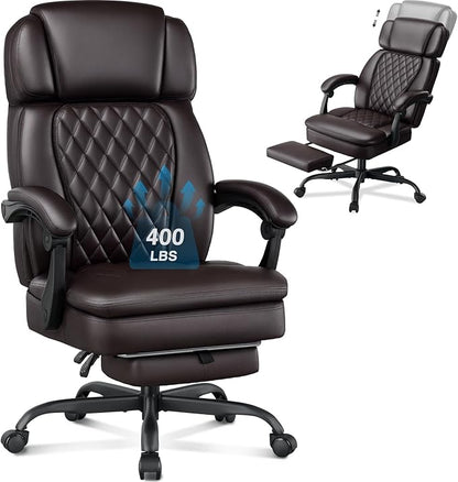 400lbs Executive Office Chair with Foot Rest for Heavy People, Ergonomic Big and Tall Desk Chair with Adjustable Headrest, High Back PU Leather Comfy Heavy Duty Computer Chair