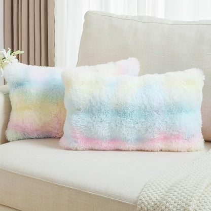 FUTEI Rainbow Decorative Throw Pillow Covers 12x20 Inch Set of 2,Soft Fuzzy Faux Rabbit Fur Pillow Case with Raised Texture,Neutral Boho Home Decor for Couch Bed Living Room