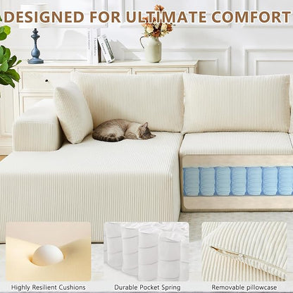 109" Cloud Sectional Couch, Boneless Couches for Living Room, Modular Sectional Sofa with Deep Seat, L-Shape Couch with Chaise, Comfy Corduroy Fluffy Modern Modular Sofa, No Assembly Required, Beige