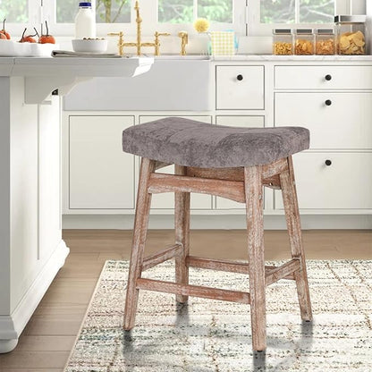 ALPHA HOME Bar Stool, Solid Wood Saddle Kitchen Stool with Grey Linen Fabric Cushion Counter Height Barstool with Vintage Farm Wooden Base for Kitchen Dining Cafe, 24 Inch, Grey, 1PC