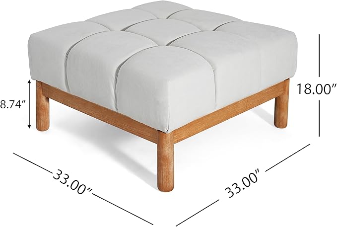 Christopher Knight Home Annette Square Ottoman Footstool with Grid Tufting, Living Room Sofa Ottoman with Wood Frame, Fabric Upholstery Coffee Table, Comfy Seating with Dense Foam Padding, White