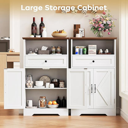 Floor Cabinet, Farmhouse Storage Cabinet with Barn Doors and Drawer, 11.81" D x 23.62" W x 39.37" H White Freestanding Adjustable Shelf Organizer for Bathroom, Kitchen, Living Room