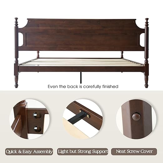 King Size Solid Wood Platform Bed Frame with Headboard & Footboard, 12 Strong Slats Base, Central Metal Legs, No Box Spring Needed, Easy Assembly, Anti-Noise & Slip-Free, Dark Roast Oak Finish, ROK-32