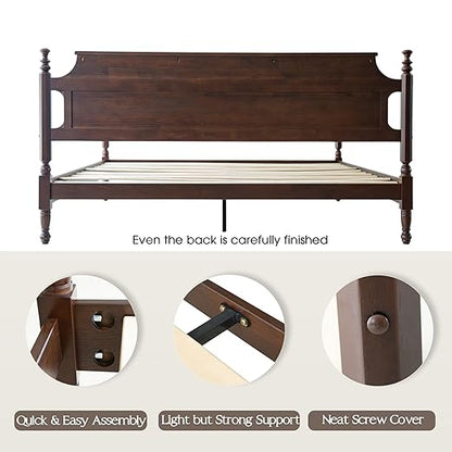King Size Solid Wood Platform Bed Frame with Headboard & Footboard, 12 Strong Slats Base, Central Metal Legs, No Box Spring Needed, Easy Assembly, Anti-Noise & Slip-Free, Dark Roast Oak Finish, ROK-32