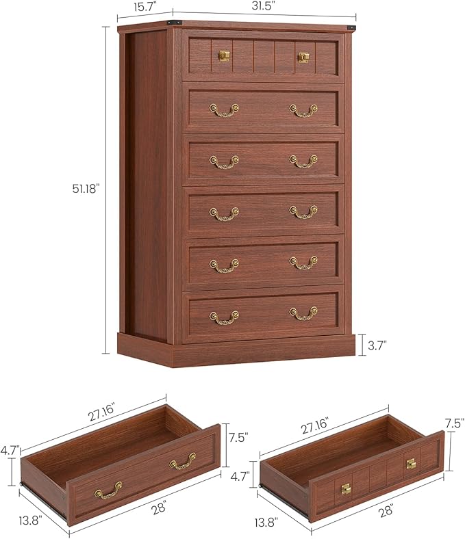AOGLLATI Farmhouse Dresser with 6 Drawers, 51.2”Tall Wooden Rustic Chest of Drawers with Natural Texture, Vintage Design, Bedroom Dressers with Drawers for Bedroom, Oak Brown
