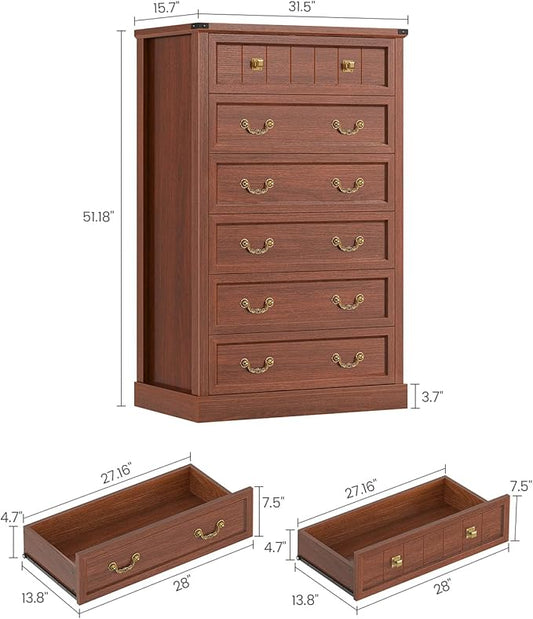 AOGLLATI Farmhouse Dresser with 6 Drawers, 51.2”Tall Wooden Rustic Chest of Drawers with Natural Texture, Vintage Design, Bedroom Dressers with Drawers for Bedroom, Oak Brown