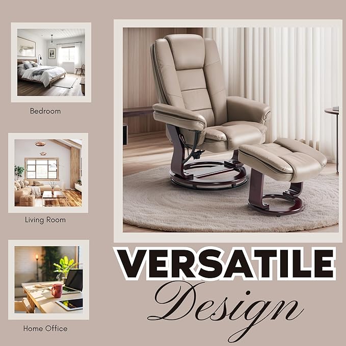 Argus Swivel Recliner with Ottoman, PU Leather & Wood Base Reclining Chair with Footrest, Ultra-Plush Double Foam for Living Room, Bedroom and Office