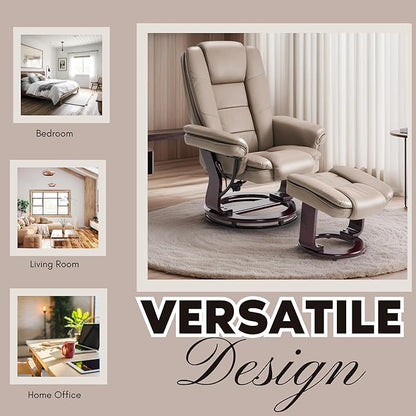 Argus Swivel Recliner with Ottoman, PU Leather & Wood Base Reclining Chair with Footrest, Ultra-Plush Double Foam for Living Room, Bedroom and Office