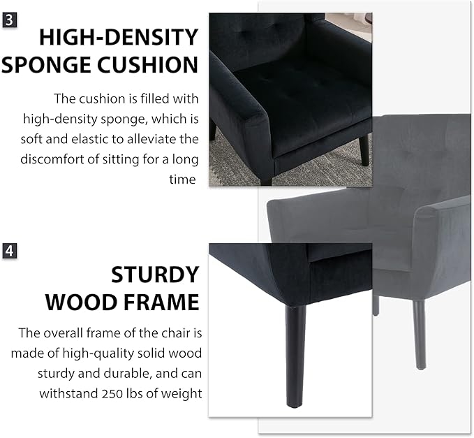 Dolonm Midcentury Modern Velvet Accent Chair with Arms, Upholstered Reading Side Chair Tufted Back Decorative Wingback Chair for Living Room Bedroom (Black)