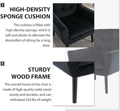 Dolonm Midcentury Modern Velvet Accent Chair with Arms, Upholstered Reading Side Chair Tufted Back Decorative Wingback Chair for Living Room Bedroom (Black)