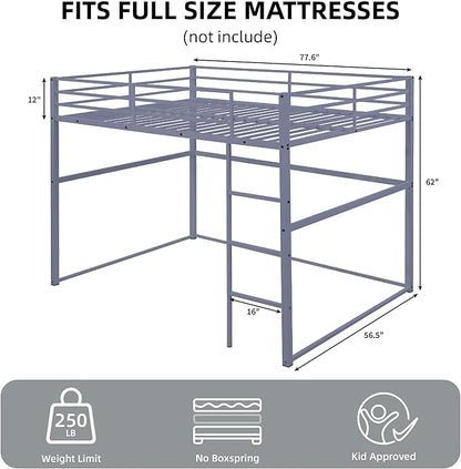 Metal Loft Bed Full Size, Loft Bed Frame with Safety Guard Rails & Flat Ladder, Twin Loft Bed for Kids Teens Adults, Gray