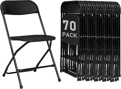 70 Pack Black Plastic Folding Chairs, Portable Party Chairs, Stackable Commercial Seats with Steel Frame for Home Office Wedding Party Indoor Outdoor Events Chairs, 350lbs Capacity