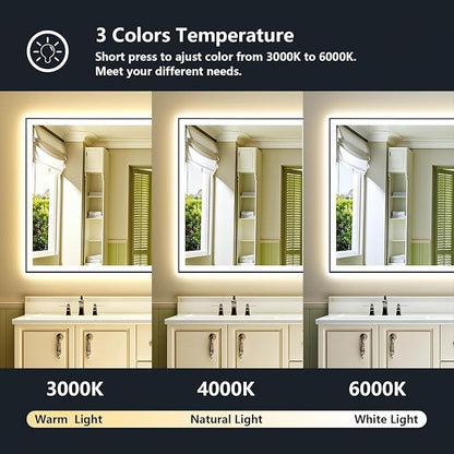 60x40 Inch LED Bathroom Mirror with Lights (Front Lit and Backlit) Black Framed Lighted Vanity Mirror for Bathroom Wall Dimmable Anti-Fog Memory Tempered Glass Horizontal/Vertical