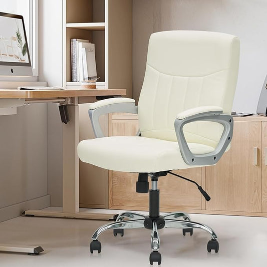 CLATINA Office Computer Desk Chair Executive Mid Back Chair Comfortable Ergonomic Managerial Chair Adjustable PU Leather Home Office Desk Chair Swivel, White 1PK