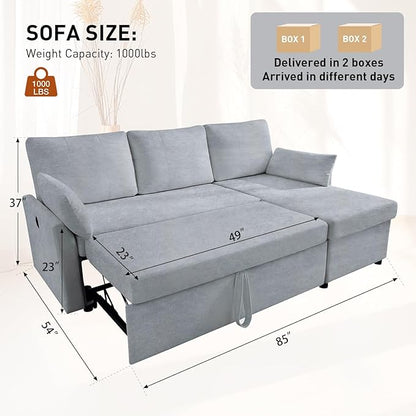 Waxberry Sectional Sofa Couch, Pull Out Couch Sleeper Sofa Bed with Storage for Living Room, Reversible Chaise, Side Pockets & Dual USB/Type-C Ports, Gray