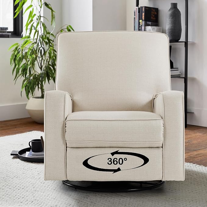 Harkawon Swivel Rocker Recliner Chair, Glider Rocker Recliner, Rocking Chair Nursery, Fabric Chair with High Back, Deep Seat, for Living Room, Bedroom, Beige+Brown