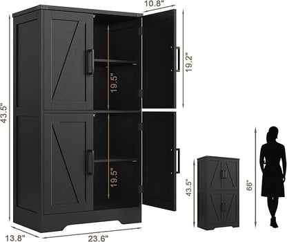 Treocho Bathroom Floor Cabinet, Farmhouse Bathroom Storage Cabinet with Doors and Adjustable Shelves, Freestanding Kitchen Pantry Cabinet, Cupboard for Living Room, Dining Room, Black