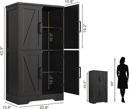Treocho Bathroom Floor Cabinet, Farmhouse Bathroom Storage Cabinet with Doors and Adjustable Shelves, Freestanding Kitchen Pantry Cabinet, Cupboard for Living Room, Dining Room, Black