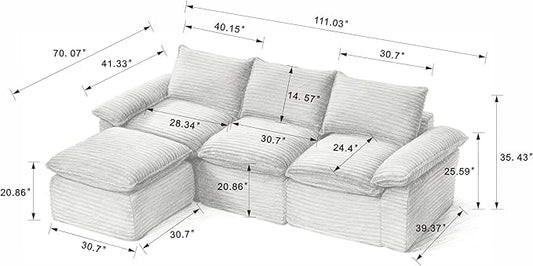 113.03" Sectional Couches for Living Room Modern Modular Sofa with L-Shape Couchs Upholstered Corduroy Boneless Couch Deep Seat Cloud Couch with Ottoman, No Assembly Required, White