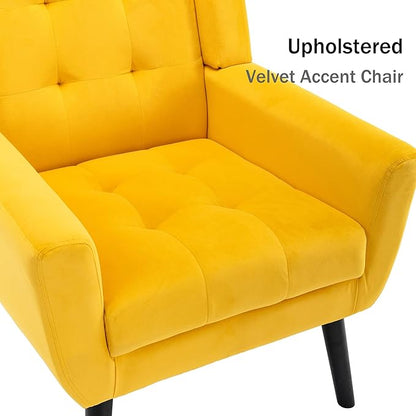 Dolonm Midcentury Modern Accent Chair with Arms, Upholstered Fabric Reading Side Chair Tufted Back Decorative Wingback Chair for Living Room Bedroom (Yellow)