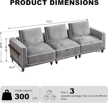 112" Cloud Modular Sectional Sofa,Oversized Deep 3 Seater Couch with Armrests Wooden Legs,Comfy Thicked Cushion Upholstered Sofa for Living Room Bedroom,Light Grey