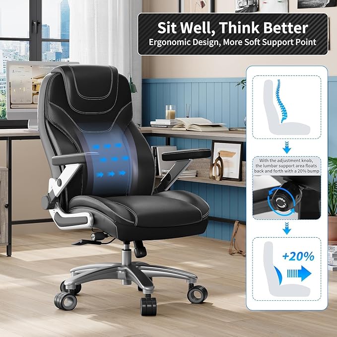 Big and Tall Office Chair with 5D Arms, 600lbs Fabric & PU Leather Heavy Duty Desk Chair, Adjustable Lumbar Support & Height, Tilt Function, High Back Ergonomic Executive Computer Chair