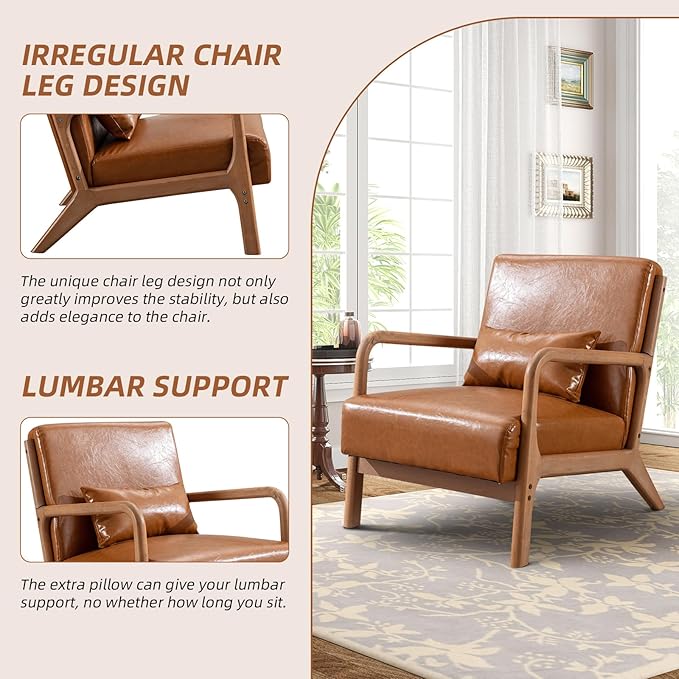 Accent Chair Mid Century Modern Chair PU Leather Living Room Chairs with Solid Wood Frame Comfy Upholstered and Lumbar Pillow Reading Side Chair Easy Assembly for Living Room, PU Brown