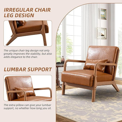 Accent Chair Mid Century Modern Chair PU Leather Living Room Chairs with Solid Wood Frame Comfy Upholstered and Lumbar Pillow Reading Side Chair Easy Assembly for Living Room, PU Brown
