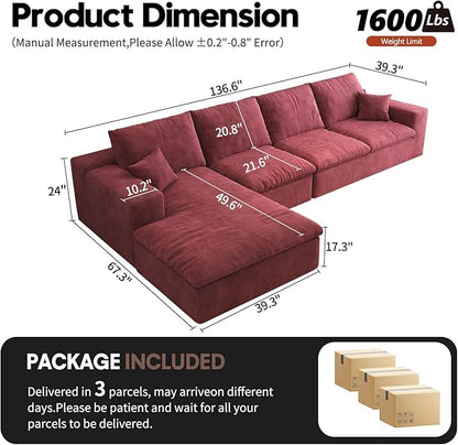 136.6'' L-Shaped Modern Modular Sectional Cloud Couch, 4-Seat Chenille Deep-Seat Sofa with Pillow for Living Room, Bedroom, Apartment, Wine Red