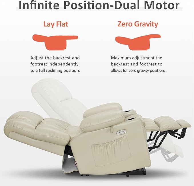 MCombo Dual Motor Large Power Lift Recliner Chair for Elderly, Lay Flat Lift Chair with Heat and Massage, Big Lift Recliner for Tall People, Faux Leather 7896 (Cream White, Large)