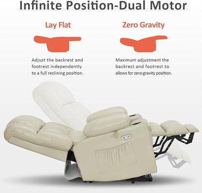 MCombo Dual Motor Large Power Lift Recliner Chair for Elderly, Lay Flat Lift Chair with Heat and Massage, Big Lift Recliner for Tall People, Faux Leather 7896 (Cream White, Large)