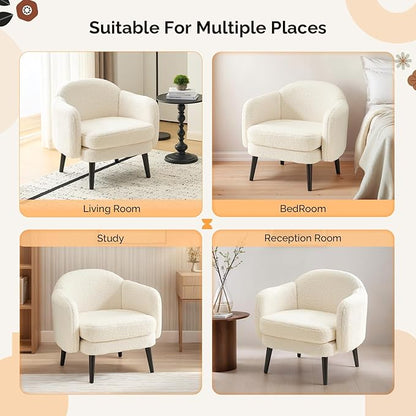 VINGLI 30.3" Wide Modern Barrel Accent Armchairs Set of 2 with Track Armrest, Solid Wooden Legs, Comfy Upholstered Club Chairs, Single Home Sofa for Living Room, Bedroom, Reading,Teddy Fleece White