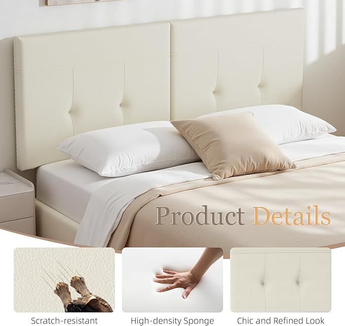 Upholstered King Size Headboard, Headboard King with Sturdy Metal Legs, Tufted Upholstery Design Bed Headboards with Adjustable Width & Height (Ivory)